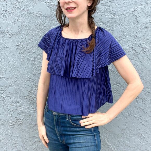 Vintage 80s Disco Shirt Off the shoulder Top Size Small - Picture 4 of 8